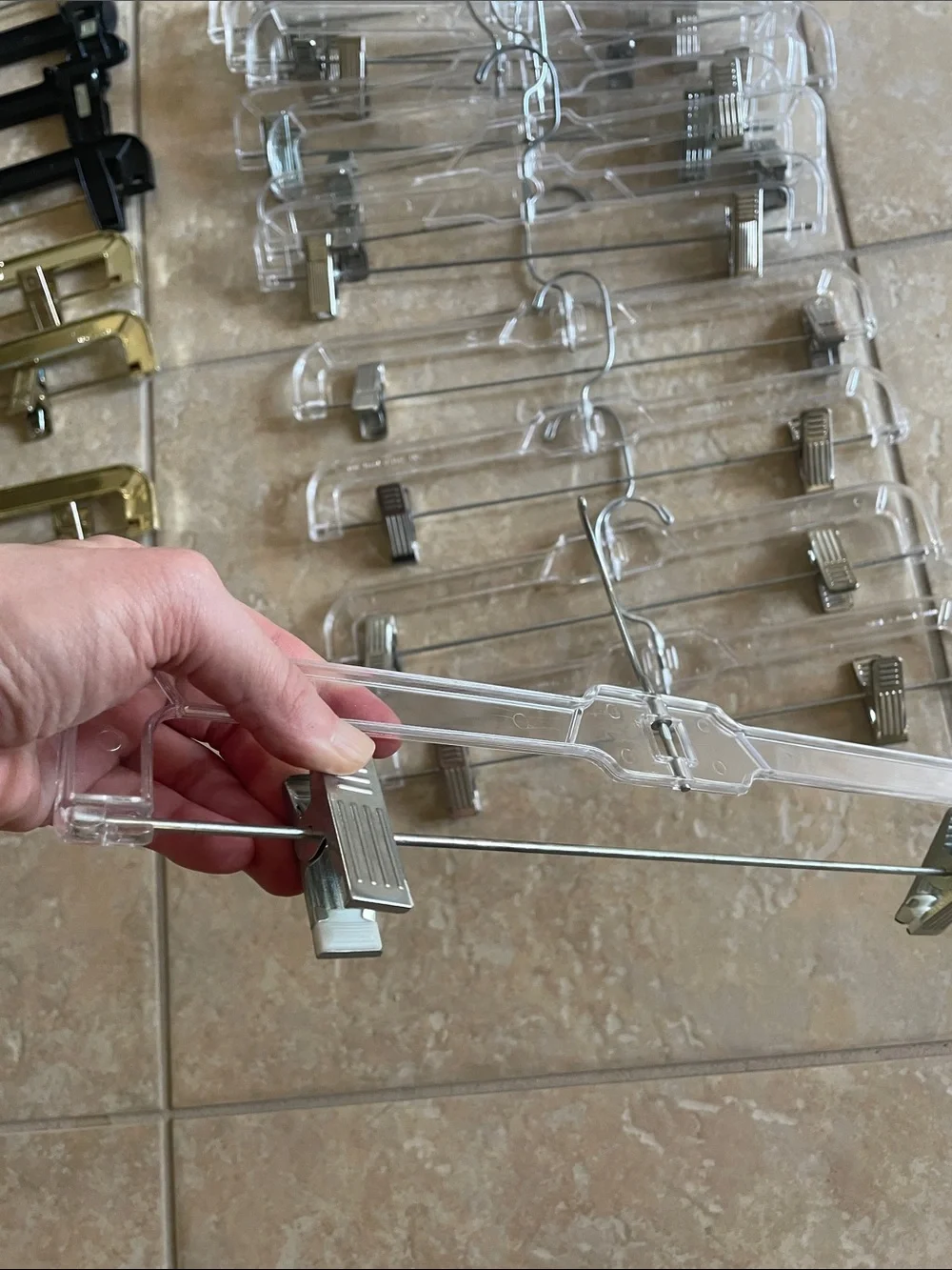 23 skirt hangers Clear and Gold Skirt/Pant Hangers with Clips 23 Pack